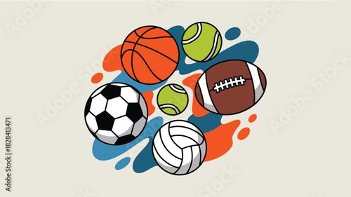 Colorful Cartoon Illustration of Sports Balls Basketball, Football, Soccer, Volleyball, and Tennis Balls