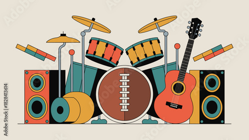 Colorful Design Featuring Musical Instruments with a Football, Perfect for Super Bowl Sunday!