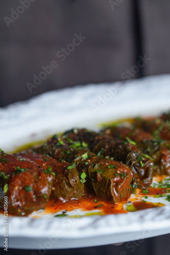 Central Asian dish, Dolma. juicy veal, fresh leaves and tomato sauce