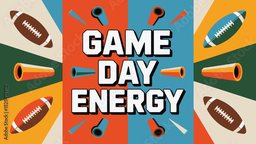 Colorful Game Day Energy Illustration Featuring Footballs, Megaphones, and Whistles on a Geometric Background