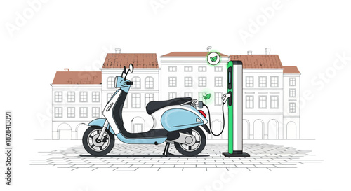 Sustainable urban mobility concept with an electric scooter at a charging point