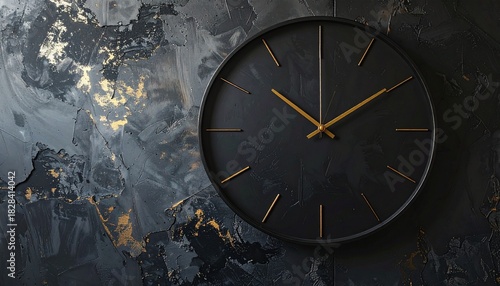 Black and gold wall clock on textured backdrop—evoking elegance, time, and the refined choreography of design, luxury, and modern minimalism.