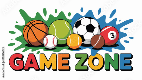 Colorful Game Zone with Cartoon Sports Balls, Including a Football, Basketball, and Billiard Ball