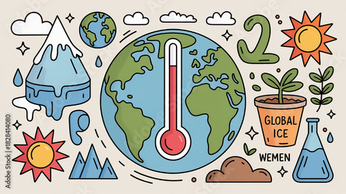 Global warming vector illustration showing melting glaciers and rising temperatures concept for climate change awareness and environmental issues