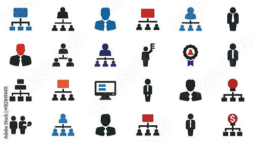 Solid vector icons collection featuring templates, layouts, flowcharts, diagrams, forms, wireframes, tables, grids, onboarding, IT support, communication, business structure, budget, and advertising.