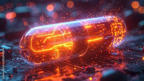 Glowing Medical Capsule with Digital Circuitry Inside and Orange Lights on a Dark Background