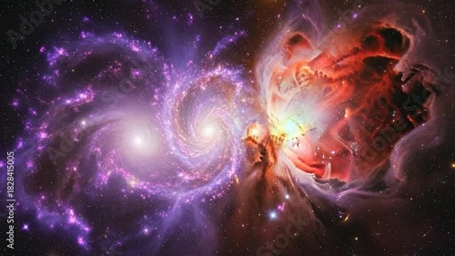 Vibrant Interacting Galaxies Showcasing Swirling Purple and Orange Nebulae Under Dramatic Cosmic Lighting