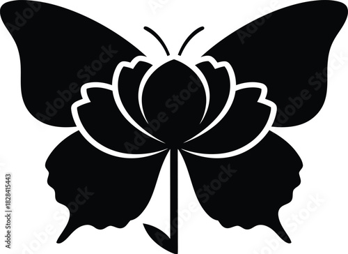 Black silhouette of a butterfly with a floral center flower black and white