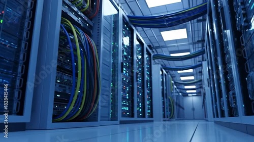 Modern Data Center With Rows of Server Racks Illuminated by Blue Light and Cables Running Overhead