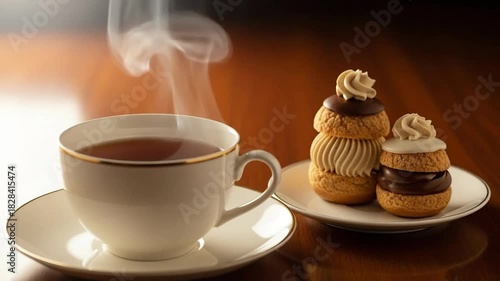 Steaming Cup of Black Tea Beside Delicate Cream Puffs on a Wooden Table With Soft Lighting