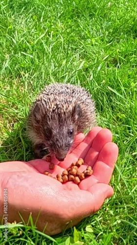 Small hedgehog approaches open human hand and eats dry food pieces on green grass under daylight, showing trustful interaction and calm wildlife feeding moment