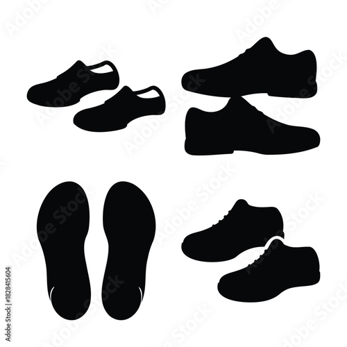 Diverse footwear silhouettes, shoe tracks and sole prints