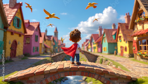 Boy with Red Cape on Brick Bridge in Colorful Village with Flying Birds, Generative AI