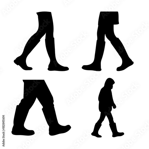Walking silhouettes of people in boots, motion concepts