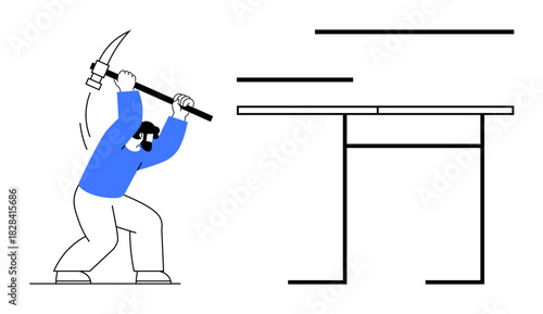 Man wielding pickaxe to smash desk, symbolizing frustration, determination, or resilience. Ideal for stress management, challenging the norm, hard work, rebellion, workplace issues productivity