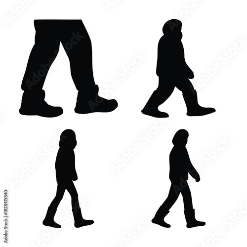 Walking people silhouettes, adults and children, diverse steps