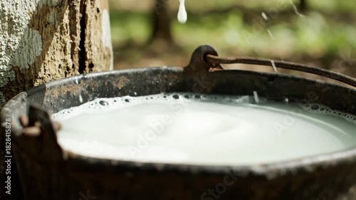 Natural rubber tapping process white latex dripping from tree trunk into collection bucket in green outdoor environment