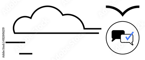 Minimalist cloud icon, flying bird, speech bubbles, and checkmark highlight connectivity, digital communication, and verified data. Ideal for cloud computing, messaging, networking security trust