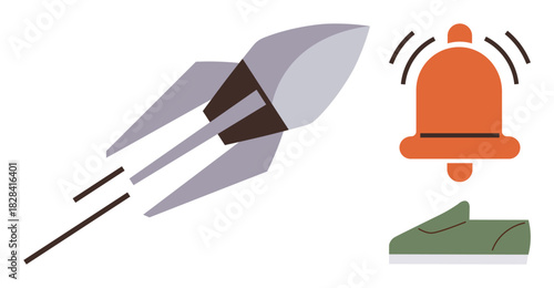 Flying rocket with dynamic trails, ringing alarm bell, and green shoe symbolizing action, speed, and efficiency. Ideal for innovation, startups, alerts, urgency productivity progress automation