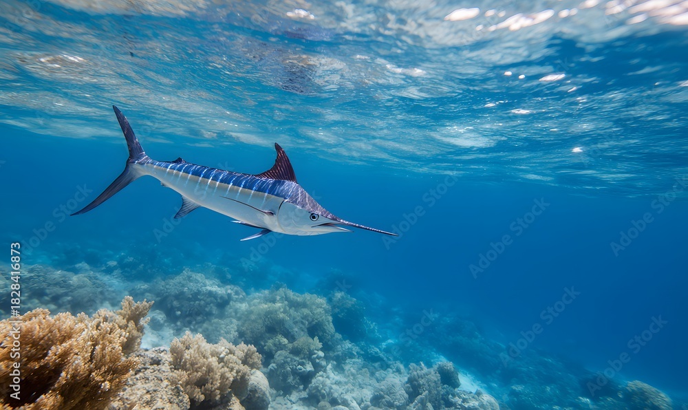 Fototapeta premium In the ocean, a beautiful marlin, close-up composition, serene atmosphere, underwater perspective, blue tones, side lighting, crystal-clear water surface