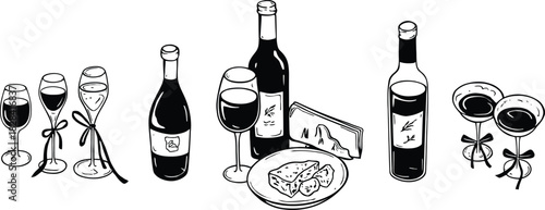 Wine bottles and glasses with brie cheese plate hand drawn linecut set