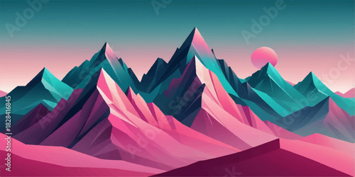 Abstract colorful nature landscape background featuring snow covered mountain peaks under a sunset sky with winter clouds and morning fog over a blue valley view vector illustration