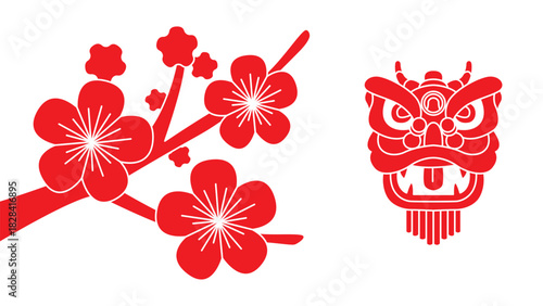 Festive Chinese New Year Illustration: Red Plum Blossoms and Lion Dance Head