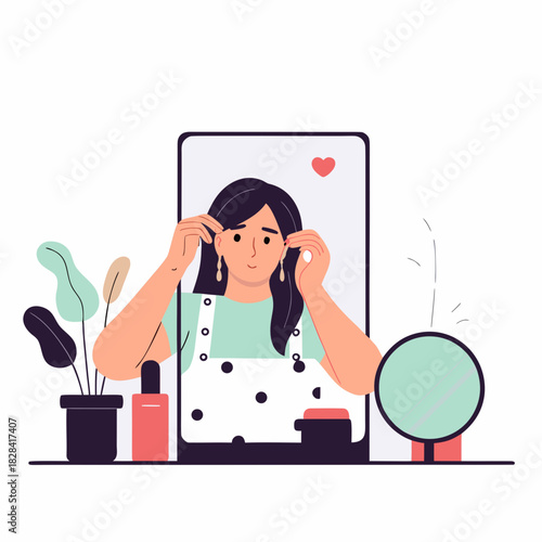 Young woman applying earrings while looking in mirror at home  