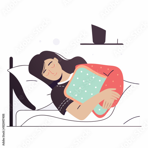 Young woman peacefully sleeping in bed while hugging a blanket  
