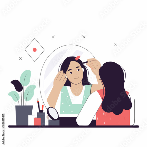Young woman applying makeup while looking in mirror at vanity  