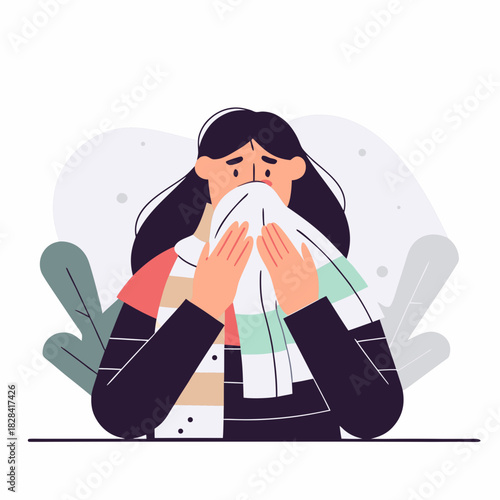 Woman feeling unwell while covering her face with a scarf indoors  