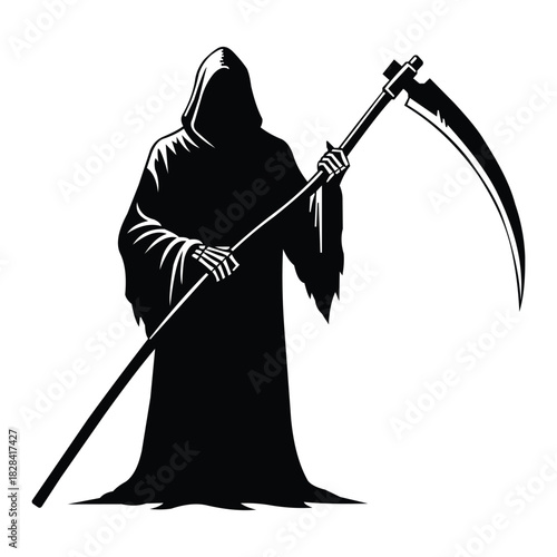 Silhouette of the grim reaper holding a large scythe, a dark figure representing death, isolated on vector illustration