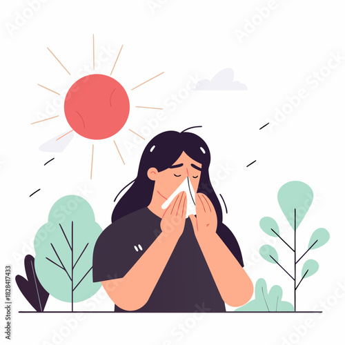 Woman sneezing while standing outdoors in sunny weather with trees  