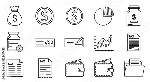 Financial and accounting line icons including money, banking, taxes, and investment