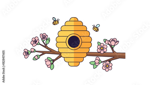 A charming illustration of a beehive hanging from a tree branch adorned with delicate pink blossoms, with two bees buzzing around.