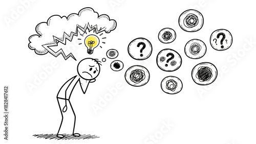 A stick figure contemplates a lightbulb idea amidst a cloud of questions and thoughts.