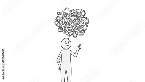A simple line drawing of a confused person with a tangled mess above their head, symbolizing complex thoughts or problems.