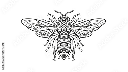 Intricate black and white illustration of a bee with detailed patterns on its wings and body.