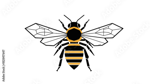 Illustration of a bee with black and yellow stripes and transparent wings.