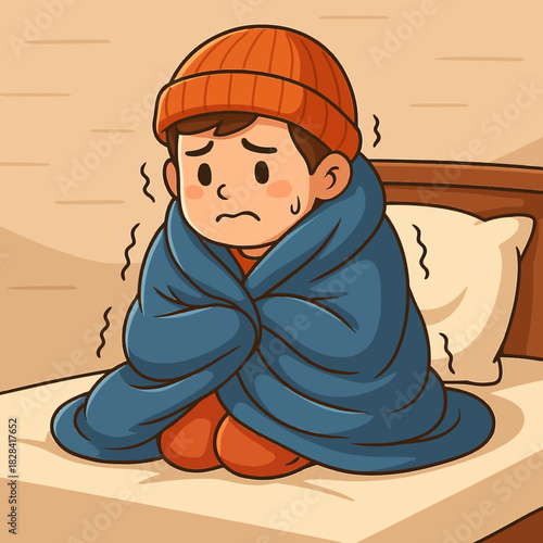 vector illustration of a fever boy shivering in blanket