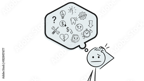A stick figure is shown scratching its head in confusion, with a thought bubble filled with various symbols and icons representing problems and worries.