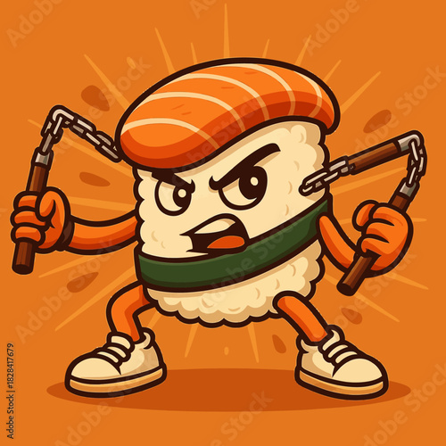 vector illustration of a sushi ninja fighter double stick karate