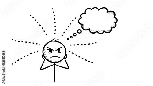 A stick figure with an angry expression, hands on ears, and a thought bubble.