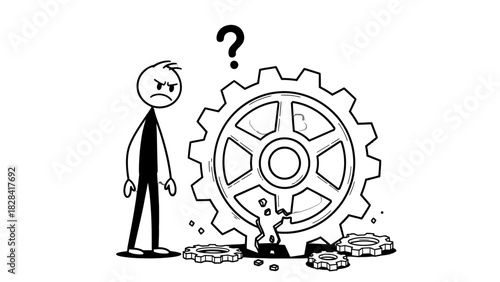 A frustrated stick figure stands next to a broken gear, with smaller broken pieces scattered around.