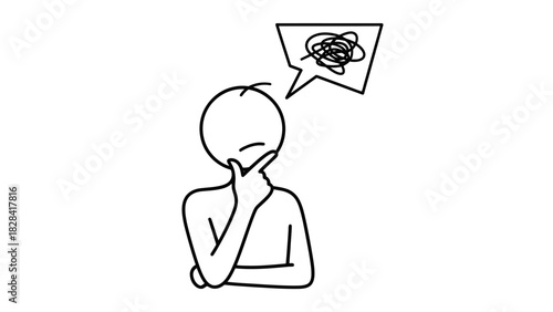 Simple line art drawing of a stick figure person deep in thought, with a tangled scribble in a speech bubble above their head, representing confusion or complex problem-solving.