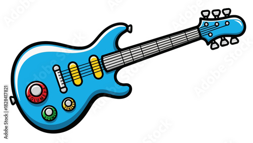 A vibrant blue cartoon electric guitar with yellow pickups and colorful control knobs, depicted in a playful illustration style.
