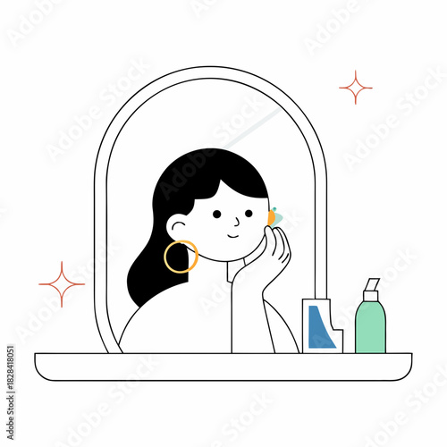 Woman applying skincare products in front of mirror at home  