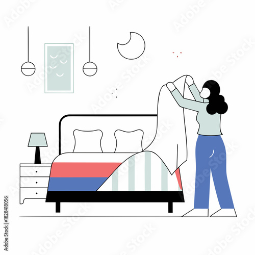 Woman arranging bedding on modern bed in cozy bedroom  