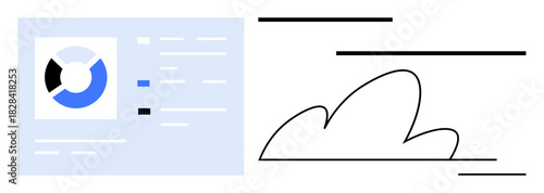 Data dashboard with pie chart and stats next to abstract cloud graphic and dynamic lines. Ideal for data visualization, cloud computing, modern business, analytics, technology, networking, simple