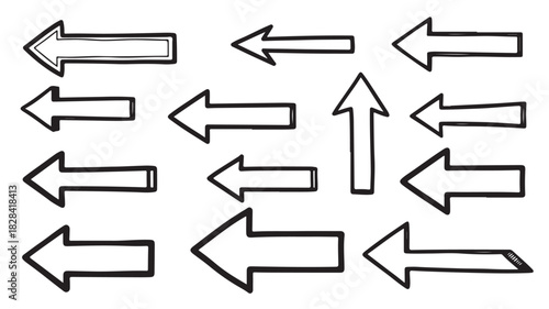 Collection of various hand drawn sketch style arrow icons pointing left and up